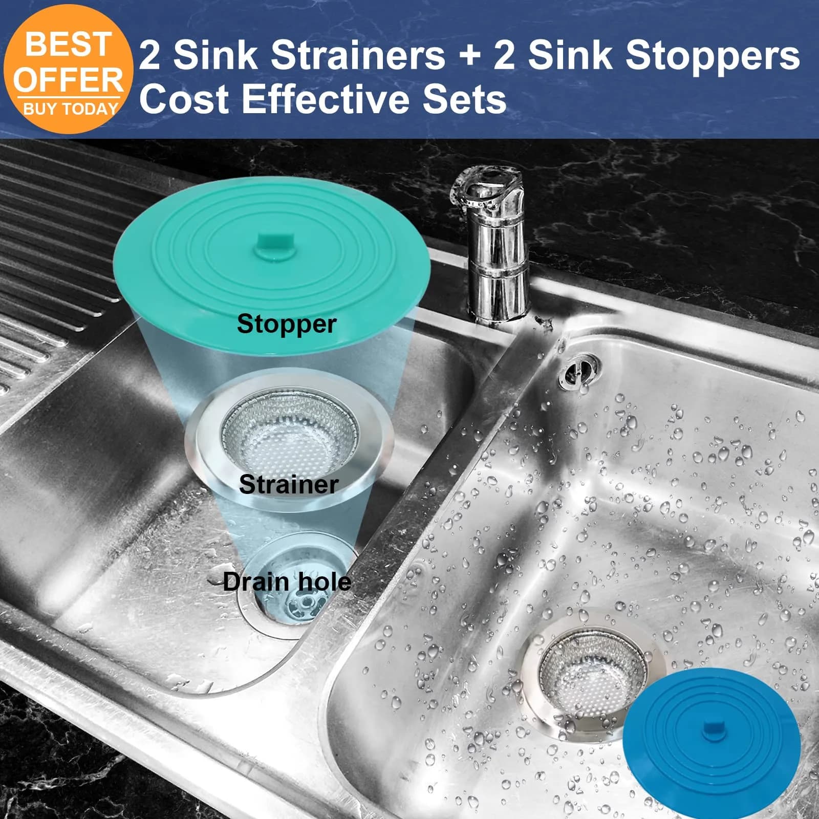 V-TOP Kitchen Drain Strainer Stopper 4 Pack | Universal 6 Inch Silicone Plug & 4.5 Inch Stainless Steel Basket Strainer - view 7