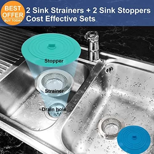 V-TOP Kitchen Drain Strainer Stopper 4 Pack | Universal 6 Inch Silicone Plug & 4.5 Inch Stainless Steel Basket Strainer thumbnail 7