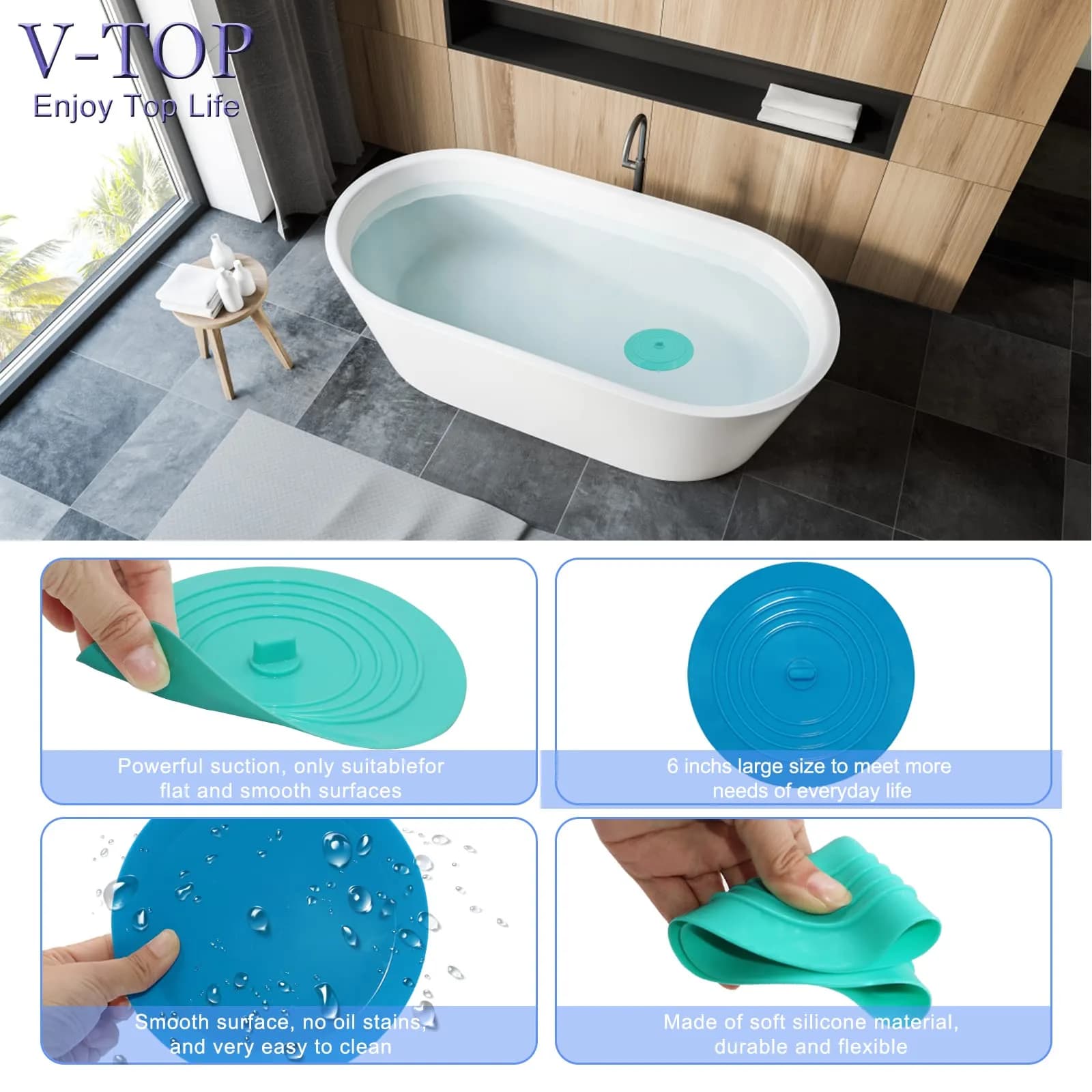 V-TOP Kitchen Drain Strainer Stopper 4 Pack | Universal 6 Inch Silicone Plug & 4.5 Inch Stainless Steel Basket Strainer - view 3
