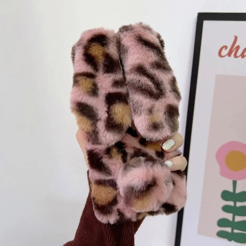 Omio Galaxy Z Flip 4 Faux Fur Plush Case | Pink Leopard Fluffy Back Cover thumbnail 2