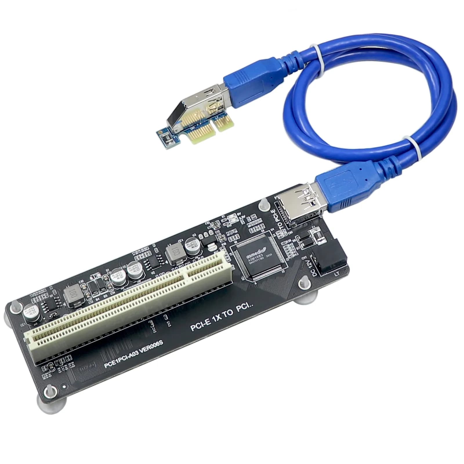 Trotwei Blue PCIe to PCI Adapter Card with USB 3.0 Cable | Converts PCIe x1 to PCI Slot, ASMedia ASM1083 Chip - main product image