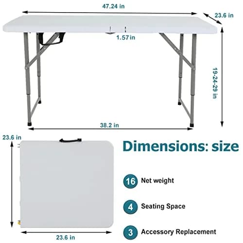 Pazidom 4FT Folding Table, Height Adjustable, Heavy Duty Plastic, 330LBS Capacity | Portable & Fold-in-Half thumbnail 7