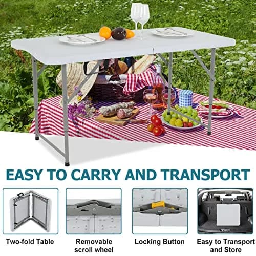 Pazidom 4FT Folding Table, Height Adjustable, Heavy Duty Plastic, 330LBS Capacity | Portable & Fold-in-Half thumbnail 3