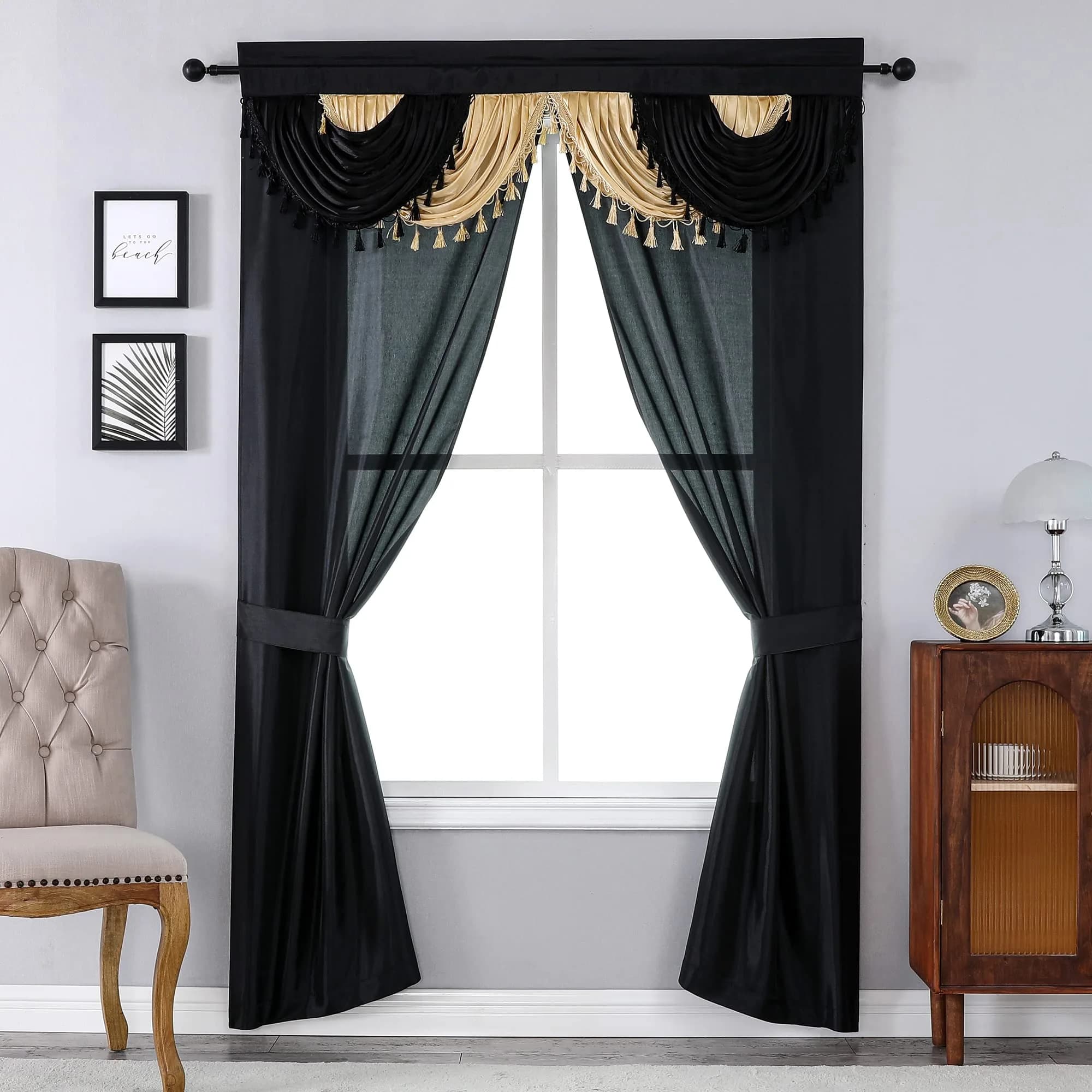 Regal Home Collections Amore 5-Piece Curtain Set - 137cm W x 213cm L Panels | Light Filtering Brick — Black/Gold / 54"W x 84"L