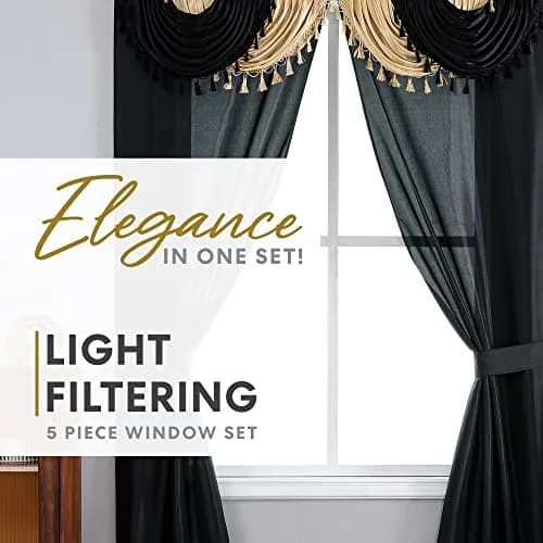 Regal Home Collections Amore 5-Piece Gothic Curtain Set 137cm x 213cm (54"W x 84"L) | Black/Gold Light-Filtering Panels with Valance and Tiebacks thumbnail 2
