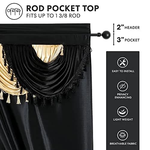 Regal Home Collections Amore 5-Piece Gothic Curtain Set 137cm x 213cm (54"W x 84"L) | Black/Gold Light-Filtering Panels with Valance and Tiebacks thumbnail 3
