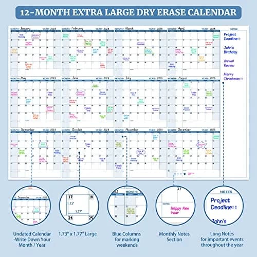 BooQool Large Dry Erase Calendar 37" x 57.9" | Yearly Wall Planner with Notes Section thumbnail 3