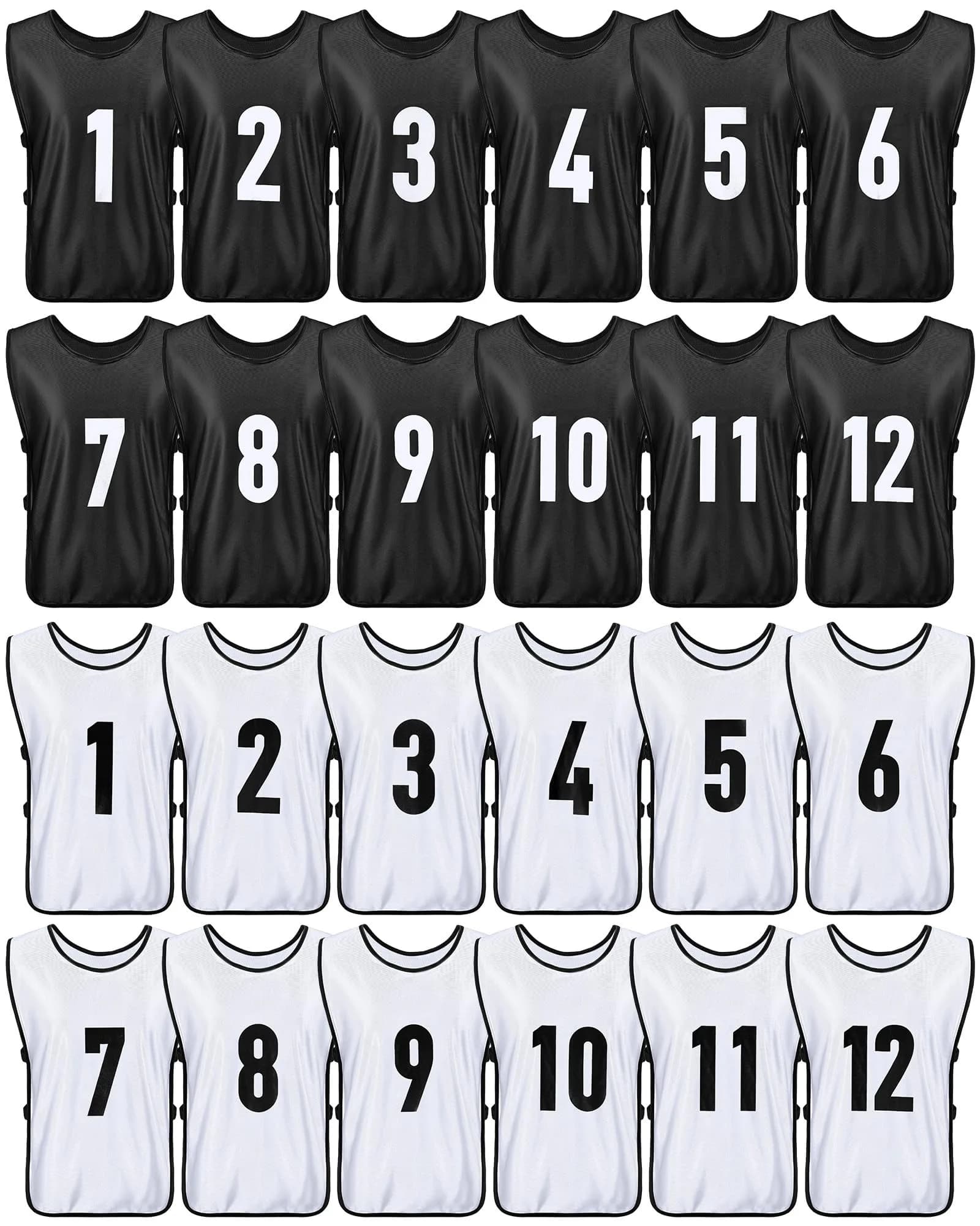 Yahenda 24 Pcs Soccer Pinnies Numbered Vests Large | Reversible Team Practice Jerseys — White, Black