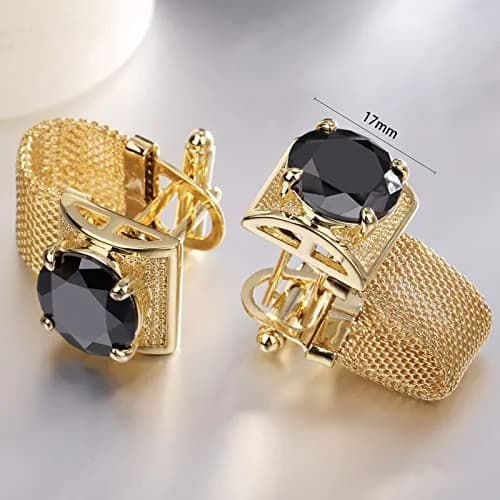 HAWSON Gold Color Black Crystal Flower Cufflinks with Chain | 1.7cm (0.67 Inch) Set of 2 thumbnail 5