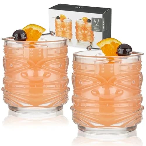 Viski Pacific Tiki Glasses Set of 2 | 12 Oz Tropical Cocktail Tumblers, Clear, Stackable, Unique Tiki Face Design thumbnail 1