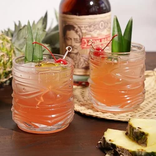 Viski Pacific Tiki Glasses Set of 2 | 12 Oz Tropical Cocktail Tumblers, Clear, Stackable, Unique Tiki Face Design thumbnail 6
