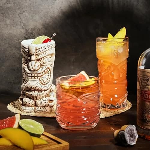 Viski Pacific Tiki Glasses Set of 2 | 12 Oz Tropical Cocktail Tumblers, Clear, Stackable, Unique Tiki Face Design thumbnail 7