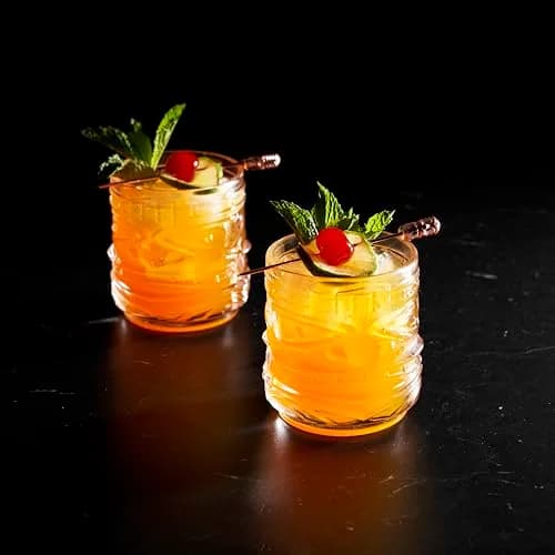 Viski Pacific Tiki Glasses Set of 2 | 12 Oz Tropical Cocktail Tumblers, Clear, Stackable, Unique Tiki Face Design thumbnail 8