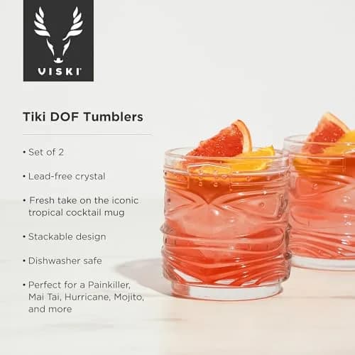 Viski Pacific Tiki Glasses Set of 2 | 12 Oz Tropical Cocktail Tumblers, Clear, Stackable, Unique Tiki Face Design thumbnail 2
