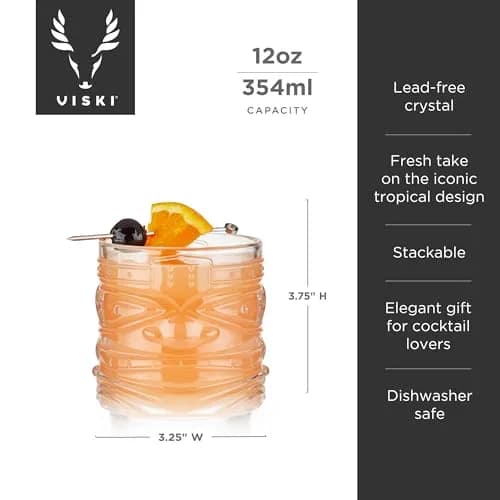 Viski Pacific Tiki Glasses Set of 2 | 12 Oz Tropical Cocktail Tumblers, Clear, Stackable, Unique Tiki Face Design thumbnail 3