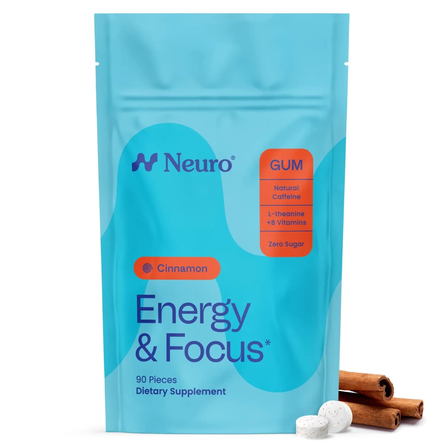 Neuro Energy & Focus Gum, Cinnamon, 90 Count | Sugar-Free Nootropic Supplement with L-Theanine & Natural Caffeine - main product image