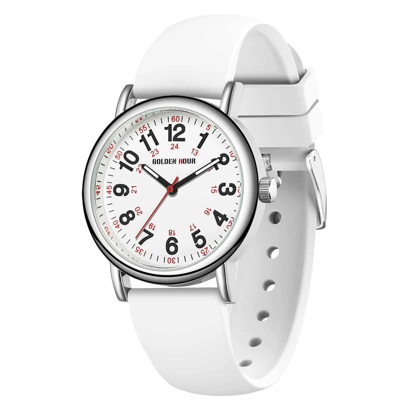 GOLDEN HOUR Waterproof Nurse Watch 38mm White Silicone Band | Easy Read 12/24 Hour Dial, Second Hand, Medical-Style
