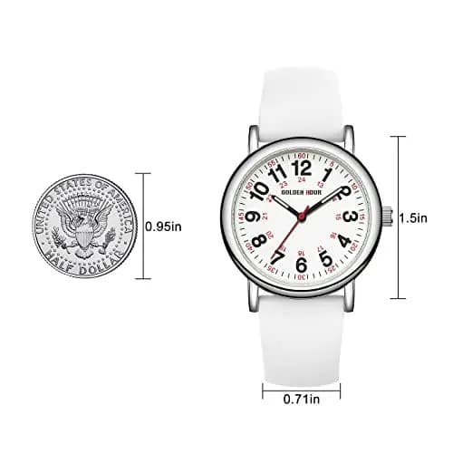 GOLDEN HOUR Waterproof Nurse Watch 38mm White Silicone Band | Easy Read 12/24 Hour Dial, Second Hand, Medical-Style thumbnail 4