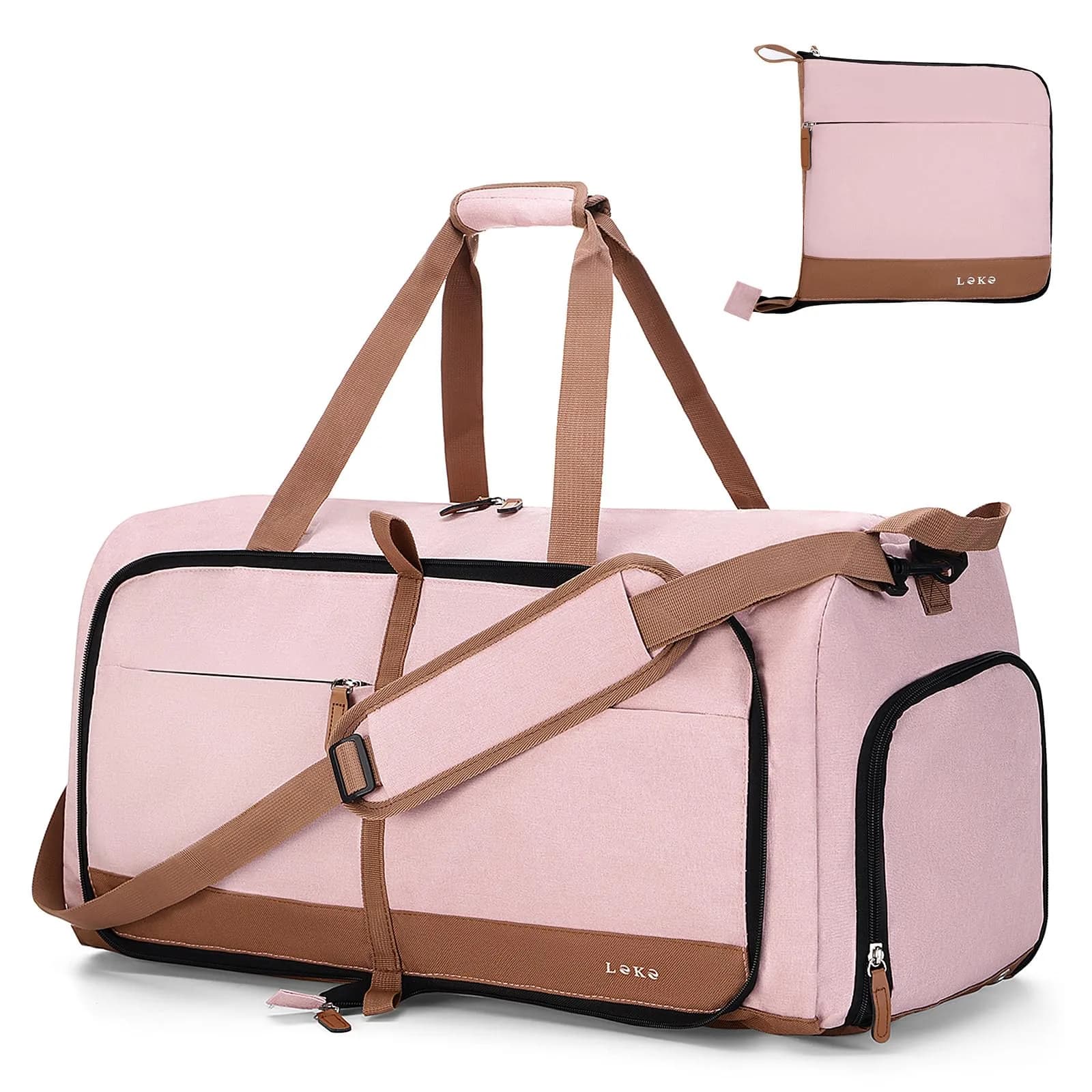 Lekesky Foldable Travel Duffel Bag for Women, 80L | Large Capacity with Shoes & Water-Resistant Design — Pink