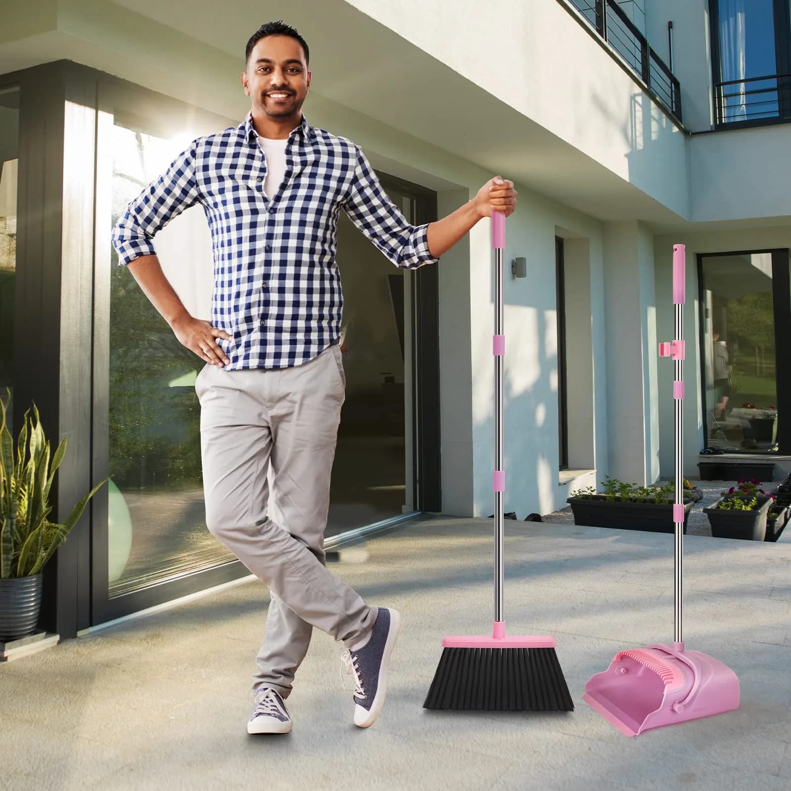kelamayi Extendable Broom and Dustpan Set Pink | Stand Up Sweeping for Home & Office - view 8