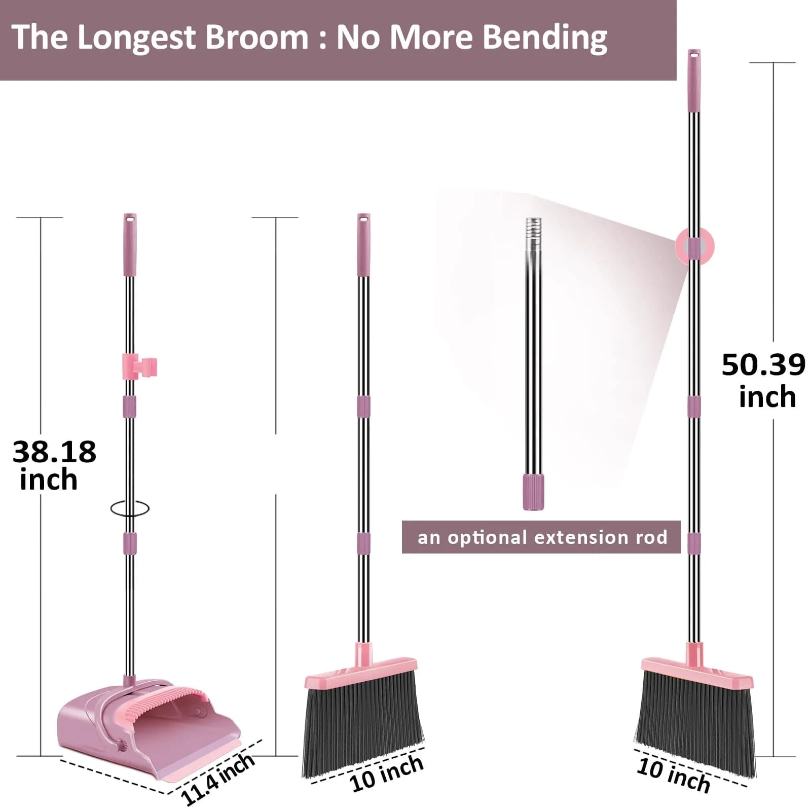 kelamayi Extendable Broom and Dustpan Set Pink | Stand Up Sweeping for Home & Office - view 2