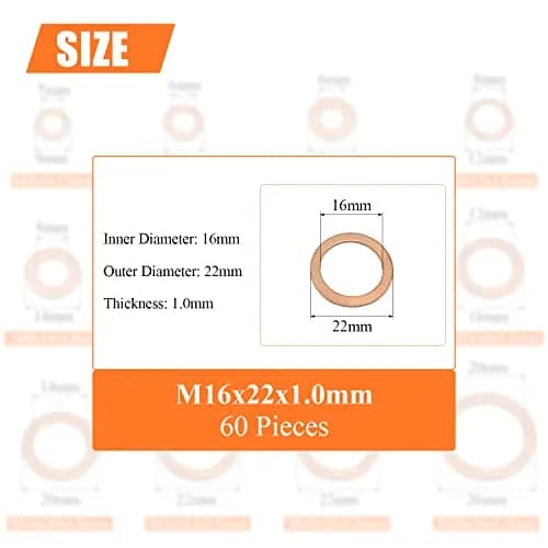 HELIFOUNER M16x22x1.0mm Copper Washers 60 Pieces | Sealing & Heat Resistant Metric Flat Washers thumbnail 3