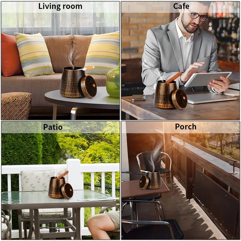hargtar Outdoor Ashtray with Lid, Bronze Stainless Steel | Windproof & Odorless Tabletop Ashtray - view 6
