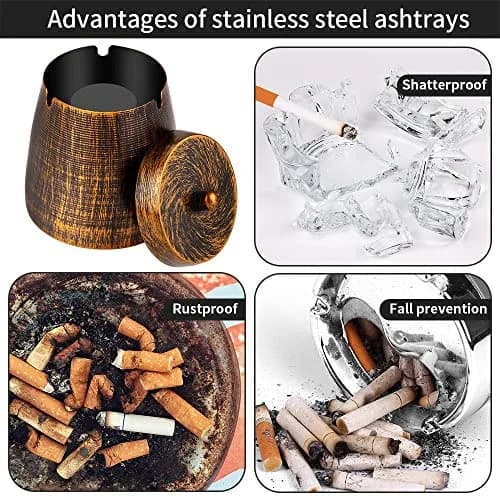 hargtar Outdoor Ashtray with Lid, Bronze Stainless Steel | Windproof & Odorless Tabletop Ashtray thumbnail 3