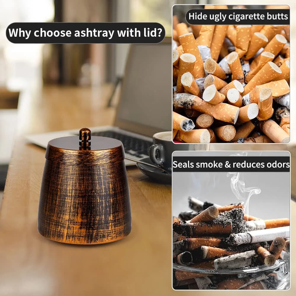 hargtar Outdoor Ashtray with Lid, Bronze Stainless Steel | Windproof & Odorless Tabletop Ashtray - view 4