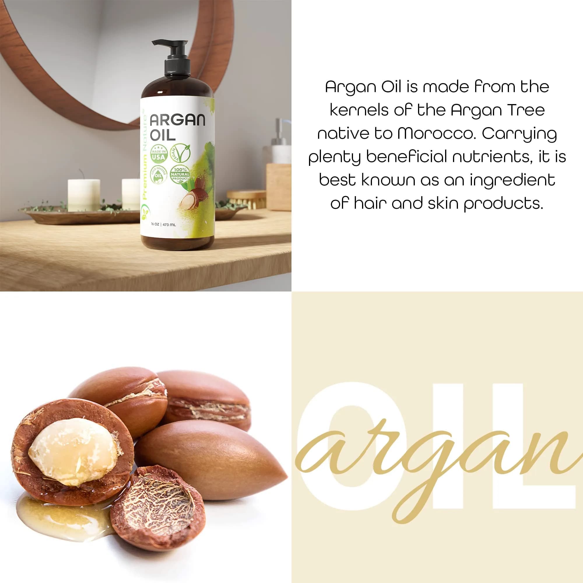 Premium Nature Organic Argan Oil for Hair Growth & Skin Serum 473ml (16 Fl Oz) | Pure Cold Pressed Moroccan Oil for Dry, Damaged, Curly, Frizzy Hair - view 3
