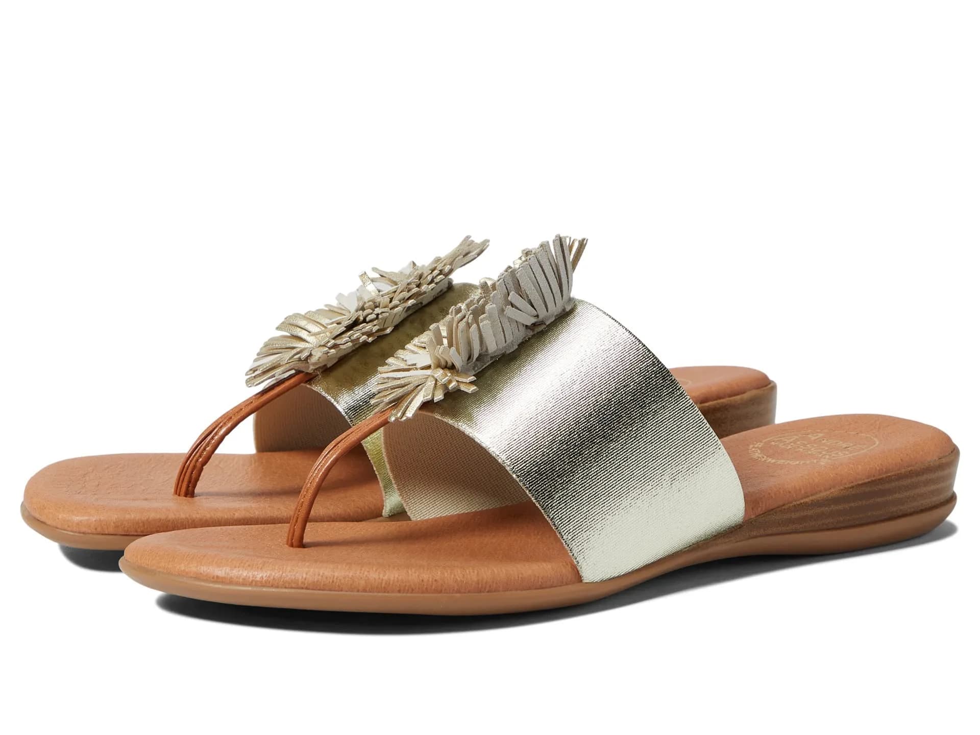 André Assous Novalee Flat, Platino, 7 | Leather Pom Poms, Summer Flat Sandal for Women