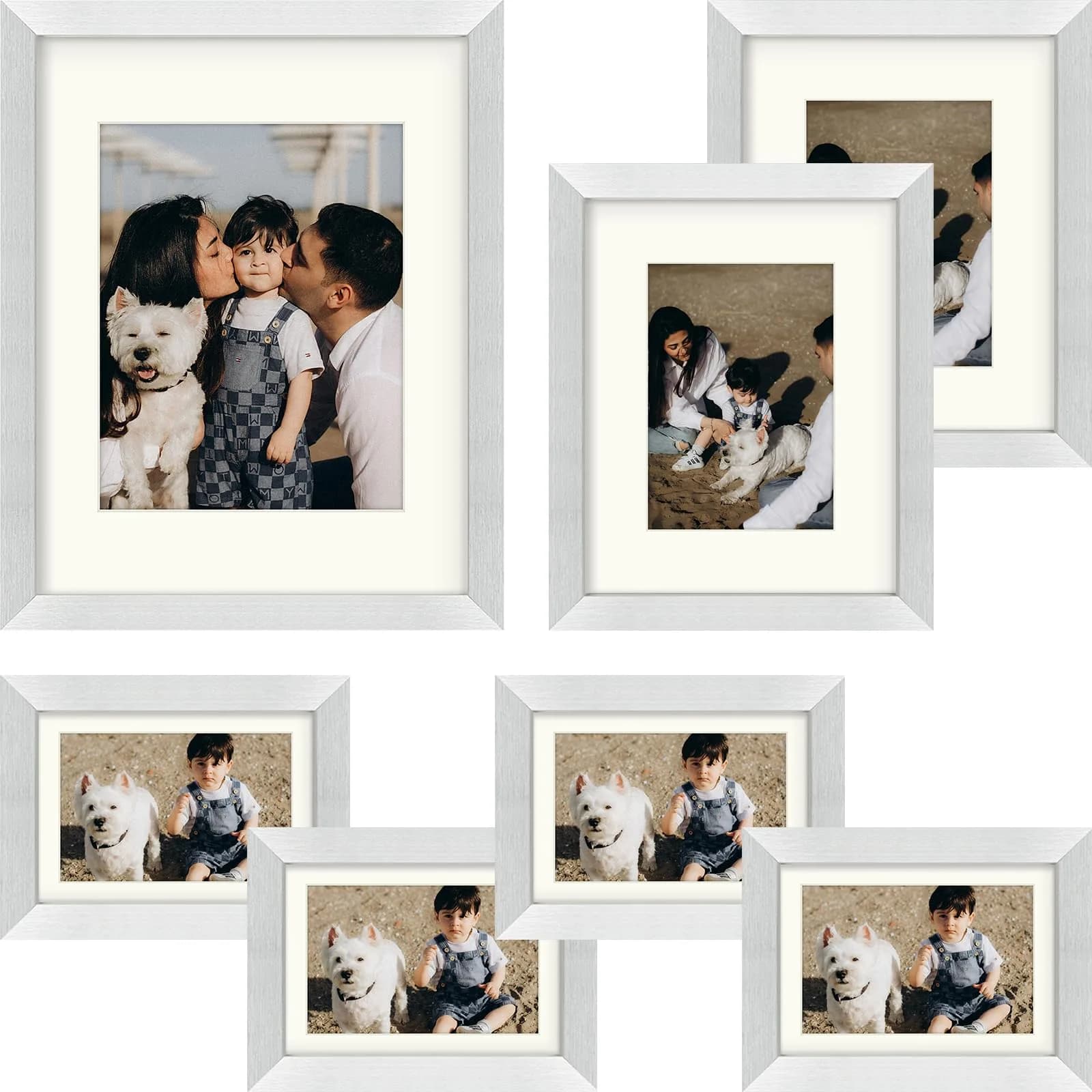 Frametory Gallery Wall Frame Set of 7 Multiple Sizes | Elegant Silver Finish with Ivory Mats