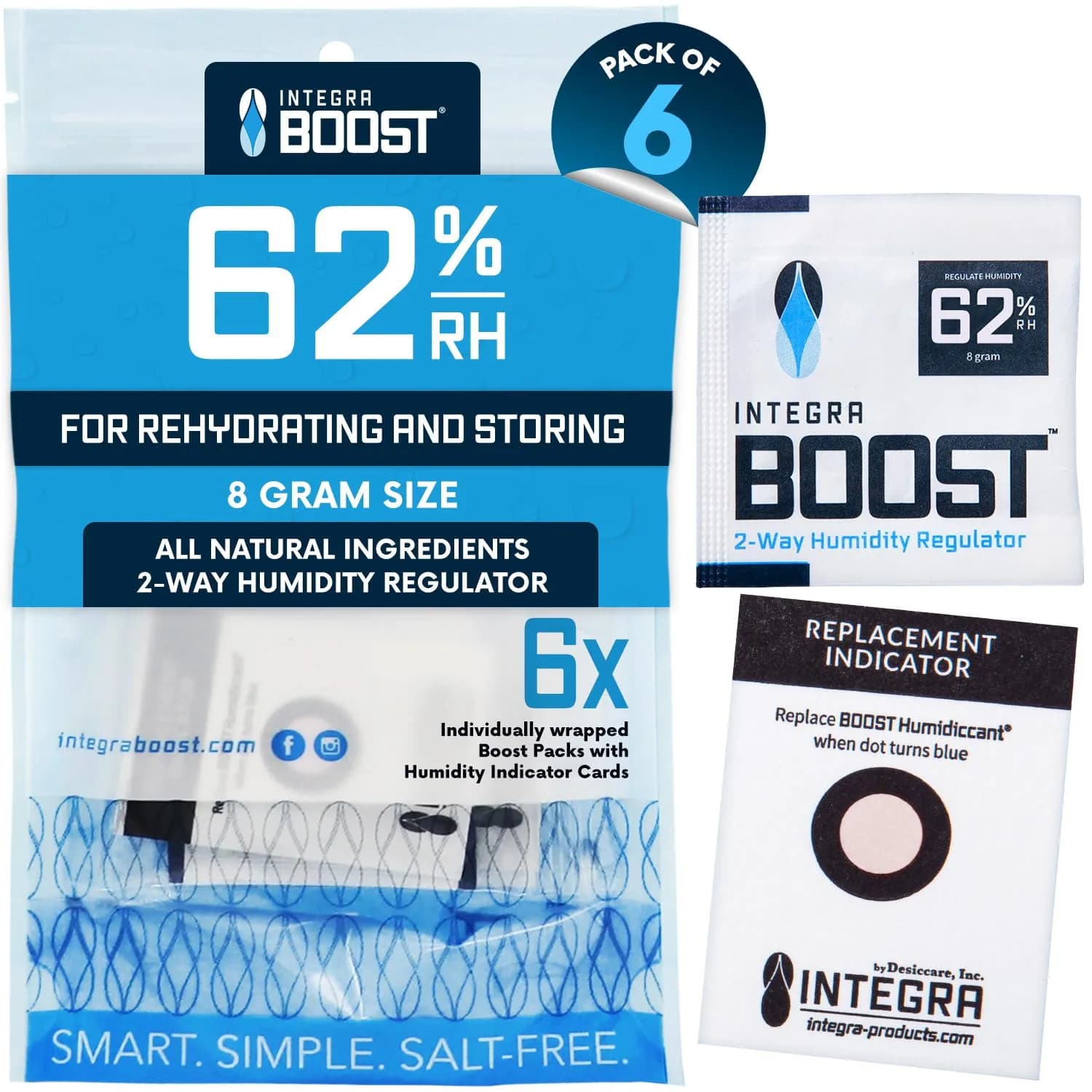Integra Boost 62% RH 2-Way Humidity Control Pack 8g (0.28 oz) — Pack of 6 | Maintains Ideal Humidity for Herbs, Spices, and Pantry Items