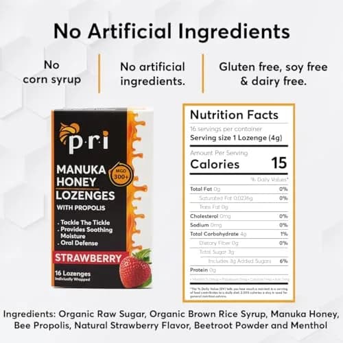 P.R.I Manuka Honey Lozenges with Propolis, Strawberry Menthol | Honey‑Forward, MGO 300+ New Zealand Manuka, 16 Count thumbnail 5