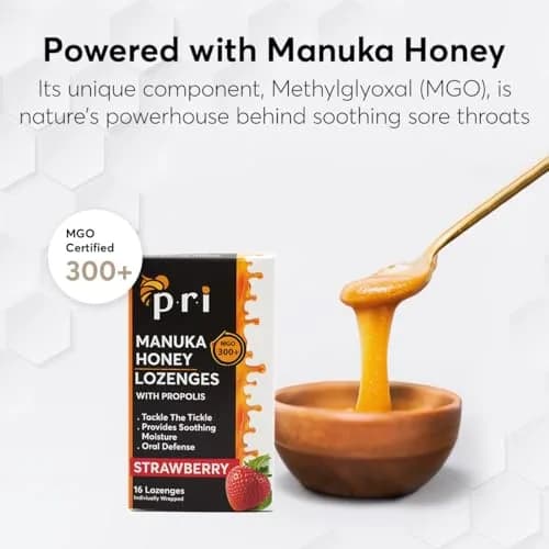 P.R.I Manuka Honey Lozenges with Propolis, Strawberry Menthol | Honey‑Forward, MGO 300+ New Zealand Manuka, 16 Count thumbnail 3