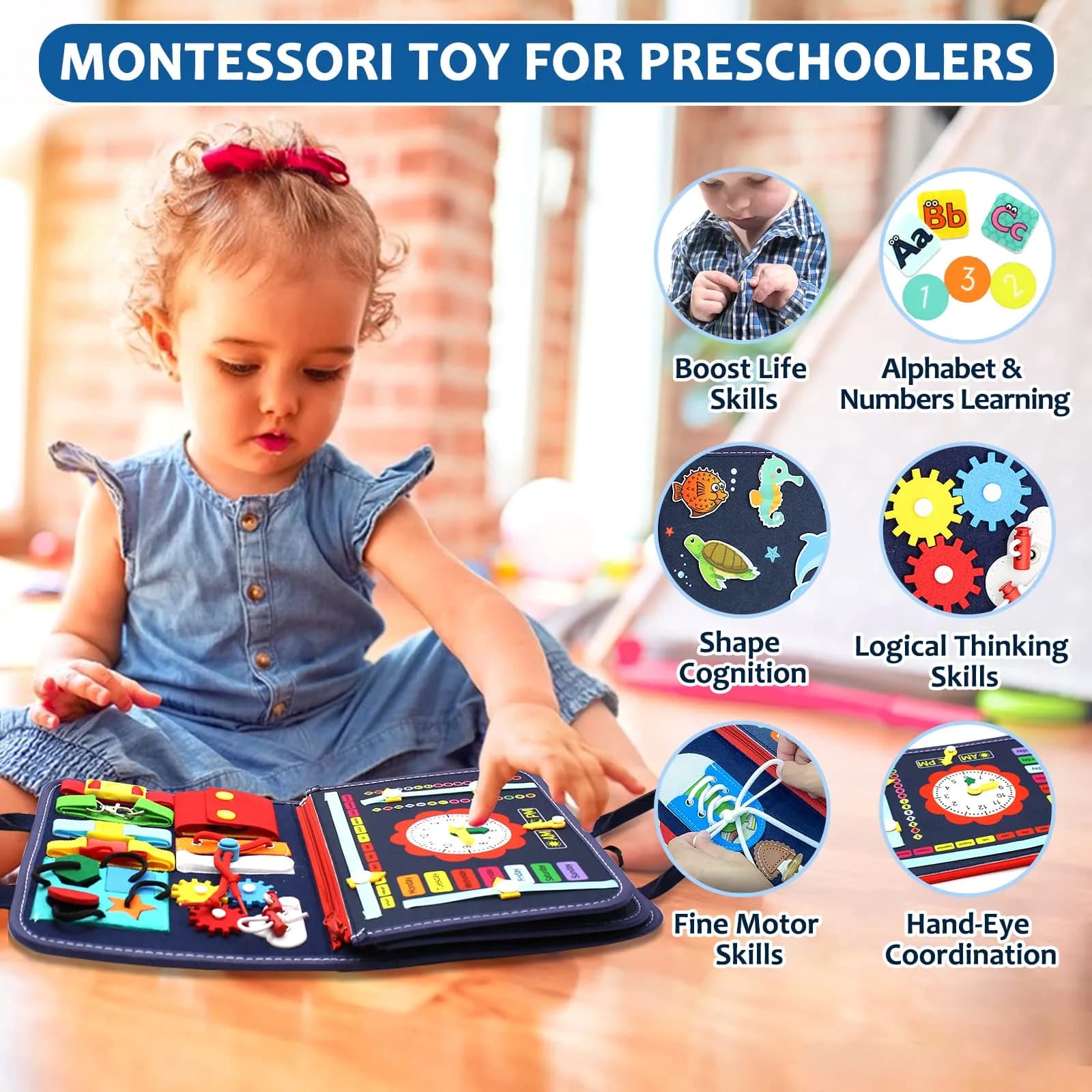 Qizfun Blue/P4 Dinosaur Montessori Busy Board | Toddler Learning & Sensory Toy - view 2