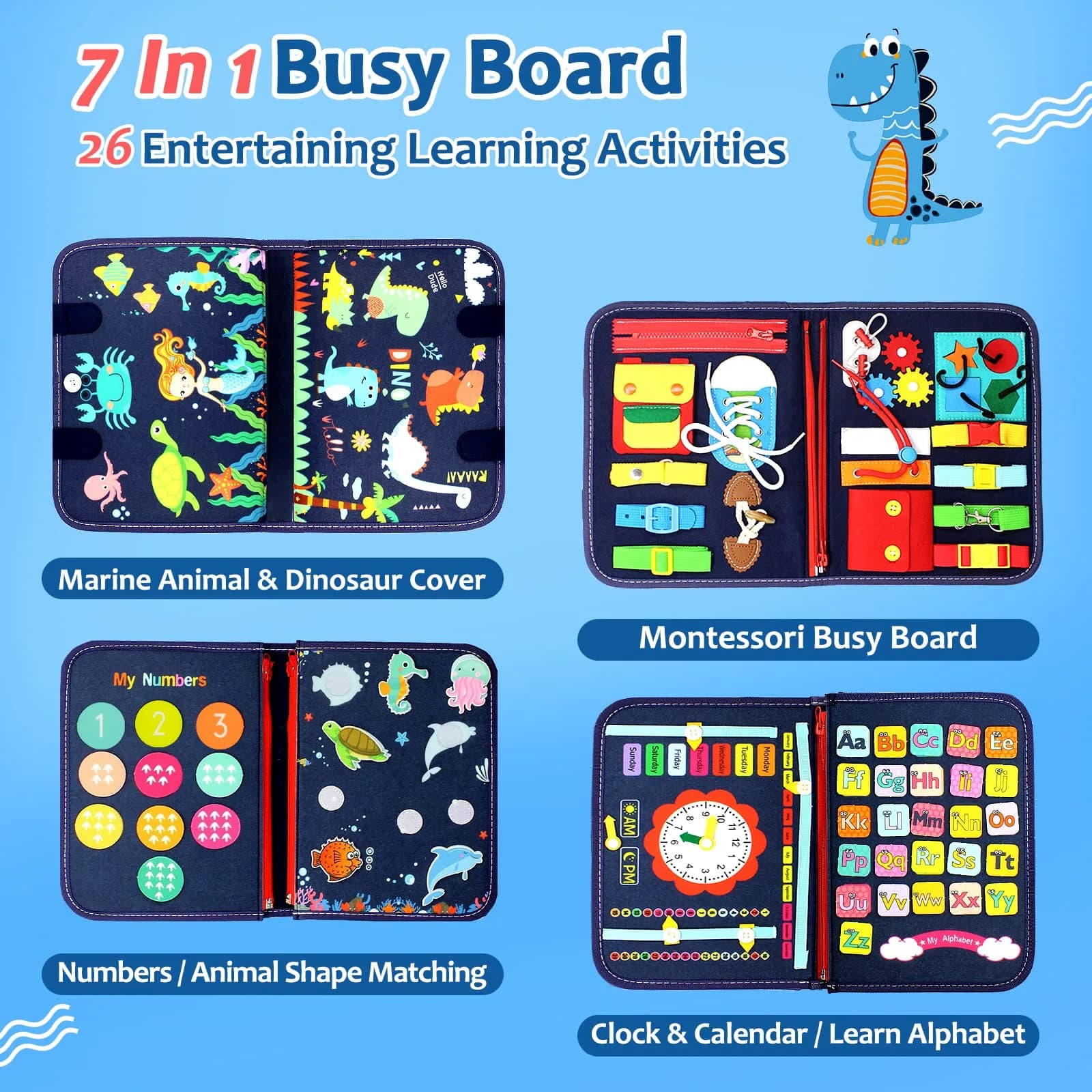Qizfun Blue/P4 Dinosaur Montessori Busy Board | Toddler Learning & Sensory Toy - view 3