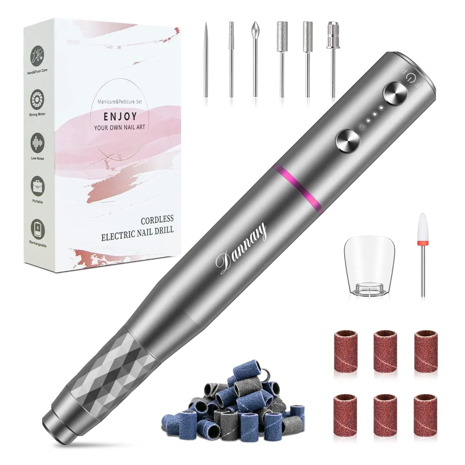 DANNARY Electric Nail Drill Machine Grey 30g (1.06oz) | Rechargeable Efile for Acrylic & Gel Nails - main product image