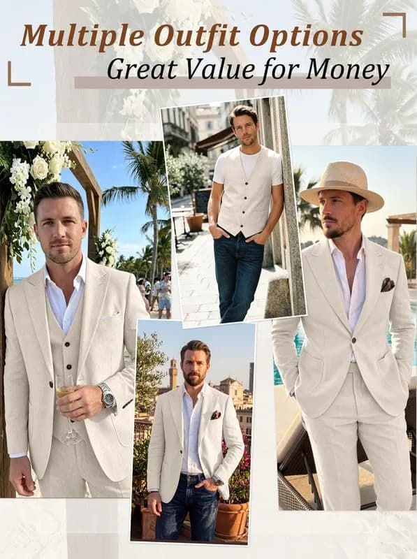 Wehilion Retro Beige Linen Mens Suit Peak Lapel Slim Fit Wedding Suits L-4236 | Summer Lightweight Breathable thumbnail 3