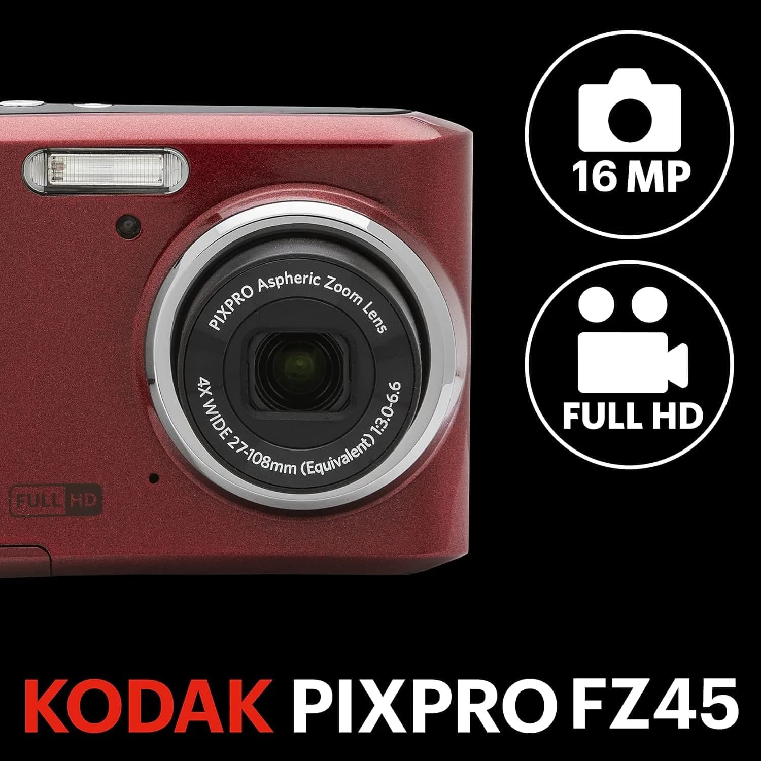 KODAK PIXPRO FZ45 Red Compact Digital Camera - 16MP, 4X Optical Zoom, Easy Point-and-Shoot - view 3