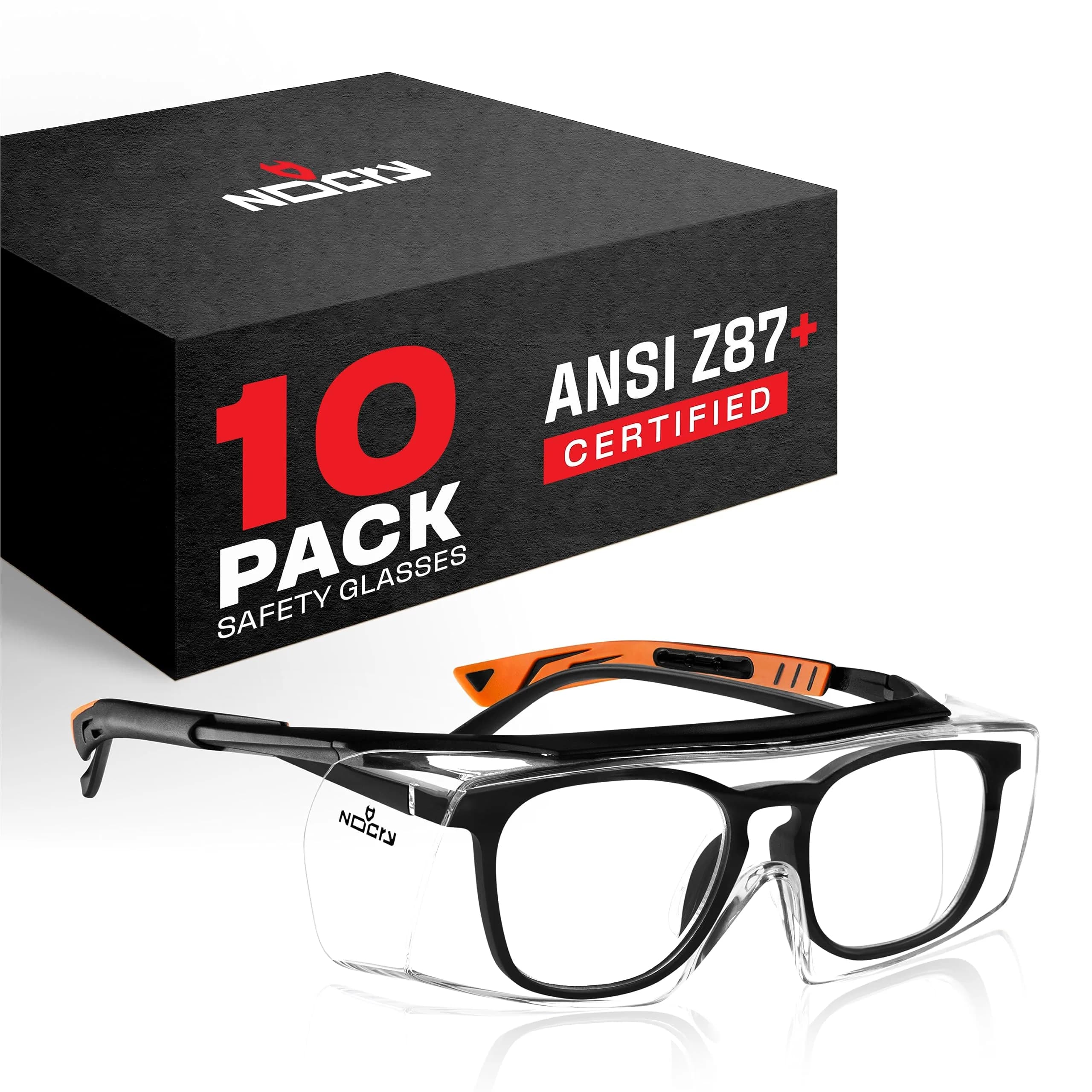 NoCry Safety Glasses Over Eyeglasses with UV Protection & Side Shields | ANSI Z87 Certified (110c) — Black & Orange