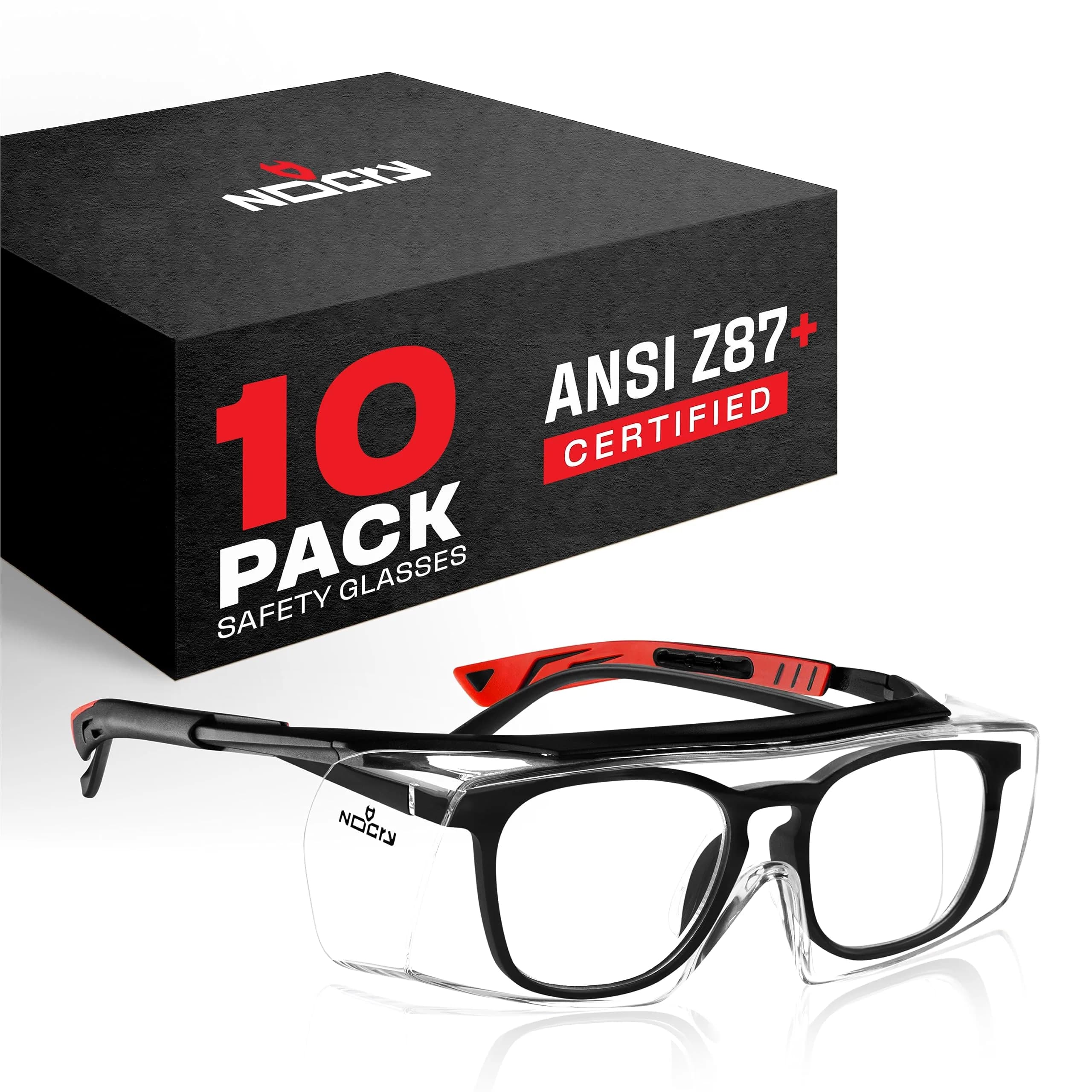 NoCry Safety Glasses Over Eyeglasses for Men & Women | ANSI Z87 UV400 Wraparound Over Glasses — Black & Red