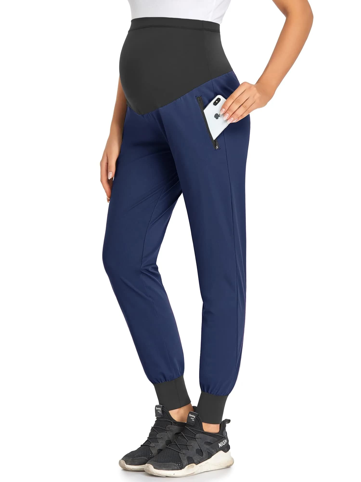 AMPOSH Women's Maternity Quick-Dry Pants Workout Joggers Pregnancy Sweatpants | Over the Belly Design, Elastic Waist, Zipper Pockets (M, Navy)