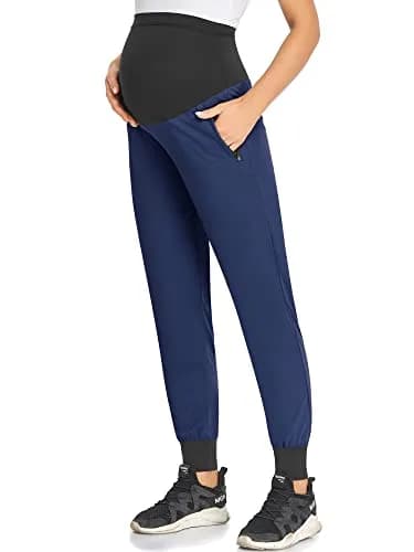 AMPOSH Women's Maternity Quick-Dry Pants Workout Joggers Pregnancy Sweatpants | Over the Belly Design, Elastic Waist, Zipper Pockets (M, Navy) thumbnail 4