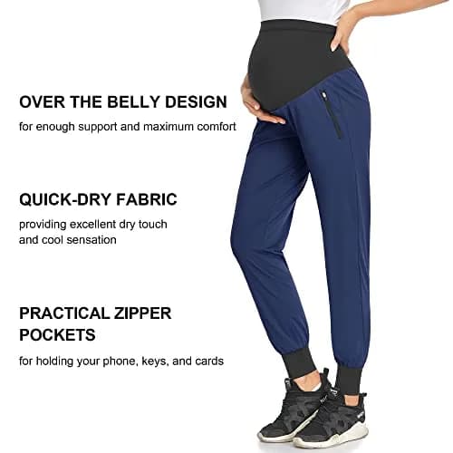 AMPOSH Women's Maternity Quick-Dry Pants Workout Joggers Pregnancy Sweatpants | Over the Belly Design, Elastic Waist, Zipper Pockets (M, Navy) thumbnail 2