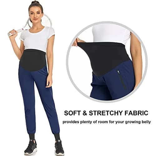 AMPOSH Women's Maternity Quick-Dry Pants Workout Joggers Pregnancy Sweatpants | Over the Belly Design, Elastic Waist, Zipper Pockets (M, Navy) thumbnail 3