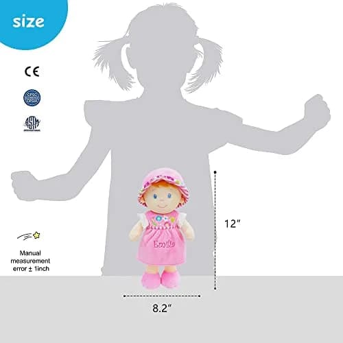 June Garden 12" Soft Dolly Emilia Plush Baby Doll, Pink Dress | Lightweight, cuddly toy for ages 0+ thumbnail 6