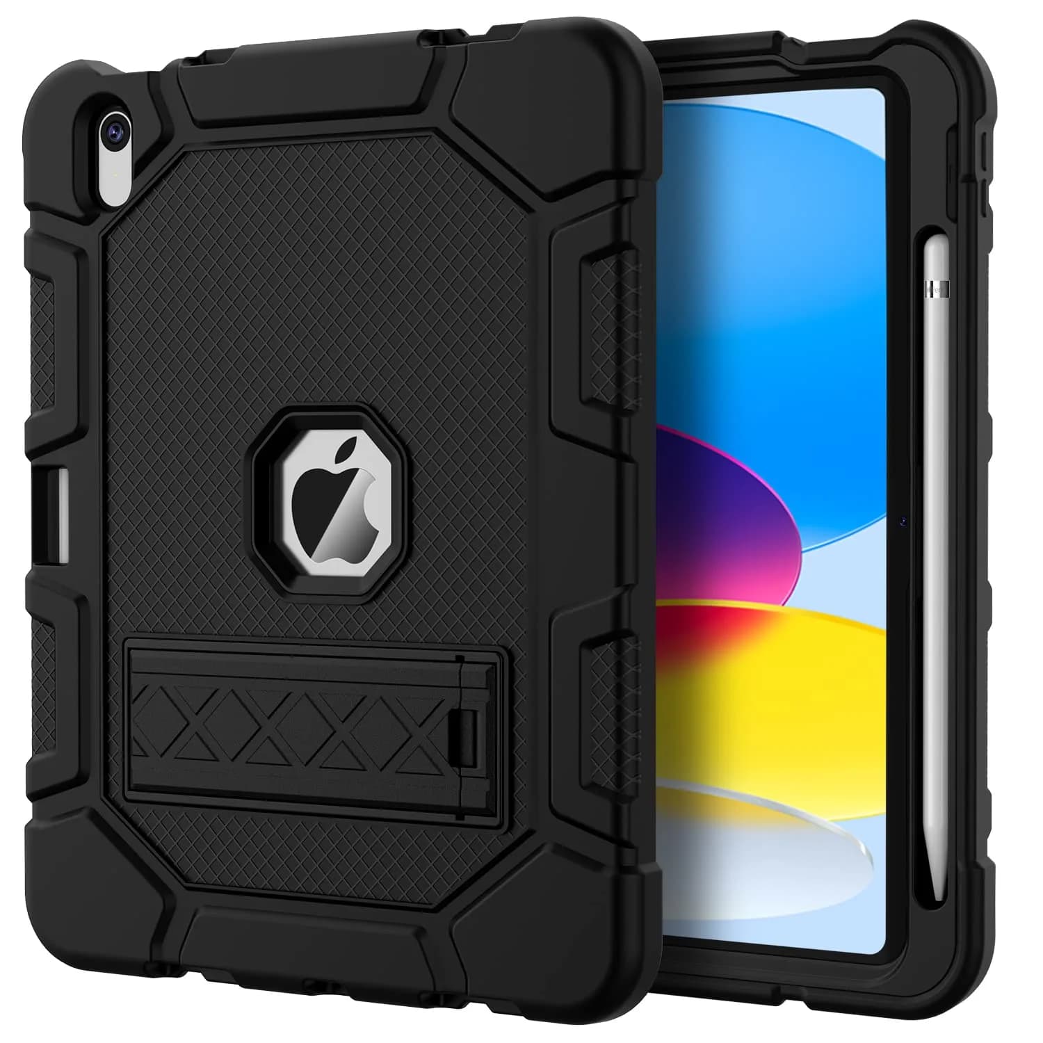 AZZSY Black Rugged Protective Case for iPad 11th/10th Gen 11/10.9 Inch | Built-in Pencil Holder & Kickstand