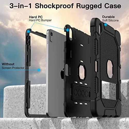 AZZSY Black Rugged Protective Case for iPad 11th/10th Gen 11/10.9 Inch | Built-in Pencil Holder & Kickstand thumbnail 5