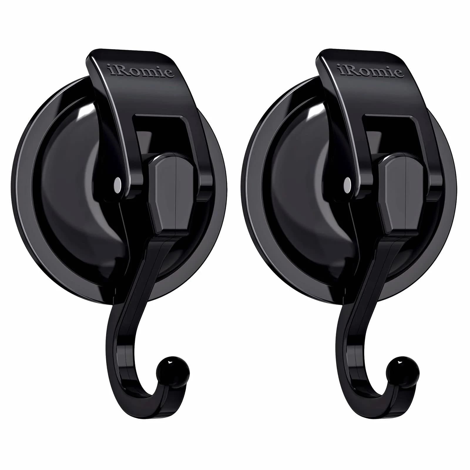 iRomic Heavy Duty Vacuum Suction Cup Hooks (2-Pack, Black) | Holds up to 13 lbs - main product image